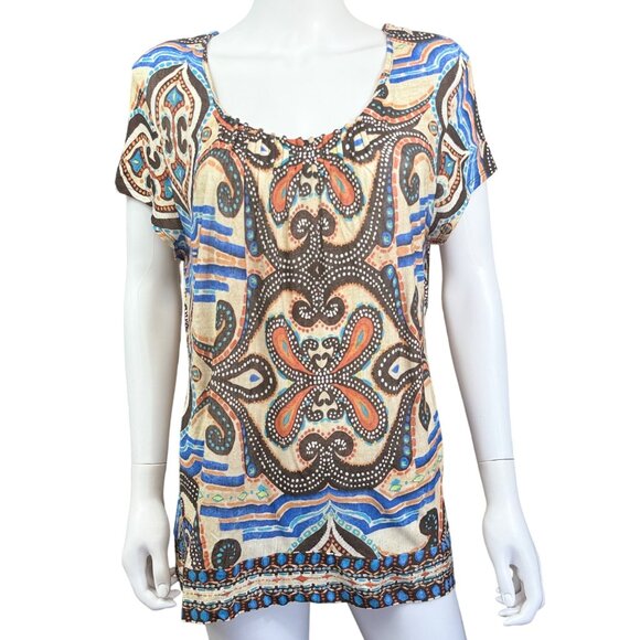Chicos Womens Print Top Size 2 Multicolor Rayon Relaxed Fit - Picture 1 of 3